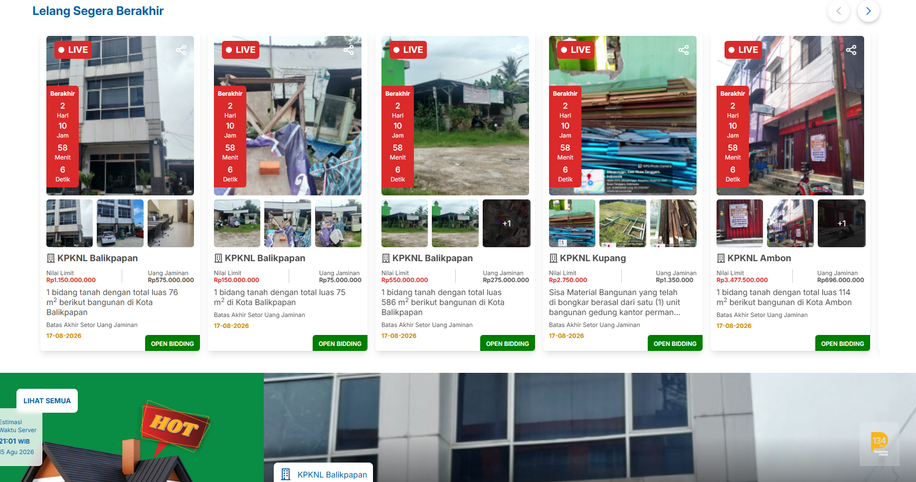 Live auction cards on the Indonesian auction platform